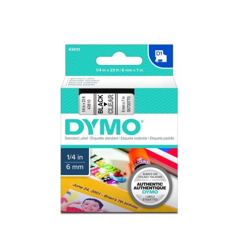 Dymo Dymo taśma do drukarek etykiet, D1 43610 | 6mm x 7m | czarny / przezroczysty