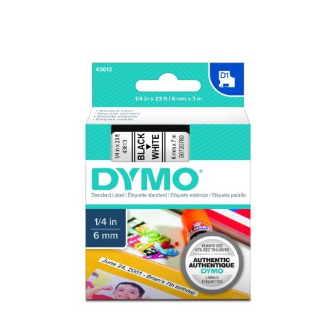 Dymo Dymo taśma do drukarek etykiet, D1 43613 | 6mm x 7m | czarny / biały