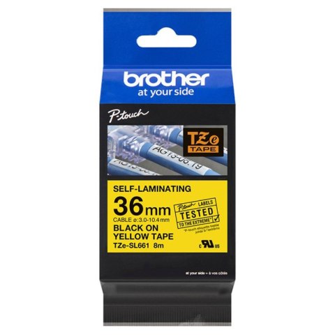 Brother Taśma Brother samolaminująca 36mm x 8m czarny nadruk/żółte tło