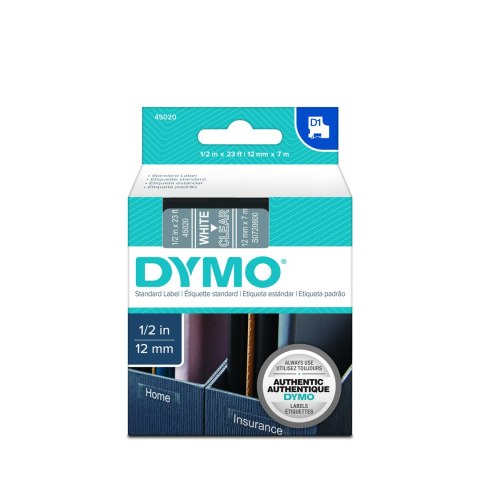 Dymo taśma do drukarek etykiet, D1 45020 | 12mm x 7m | biały / przezroczysty Dymo