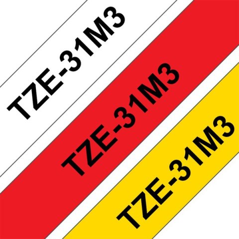 Brother oryginalny taśma do drukarek etykiet, Brother, TZE-31M3, czarny druk/czerwony, biały, żółty podkład, laminowane, 8m, 12m Brother oryginalny taśma do drukarek etykiet, Brother, TZE-31M3, czarny druk/czerwony, biały, żółty podkład, laminowane, 8m, 12m