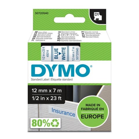 Dymo oryginalny taśma do drukarek etykiet, Dymo, 45014, S0720540, niebieski druk/biały podkład, 7m, 12mm, D1