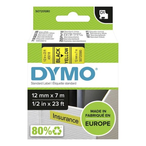 Dymo oryginalny taśma do drukarek etykiet, Dymo, 45018, S0720580, czarny druk/żółty podkład, 7m, 12mm, D1