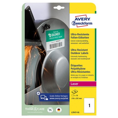 Avery Zweckform etykiety 210mm x 297mm, A4, matowe, białe, 1 etykieta, niezwykle odporne, pakowane po 10 szt., L7917-10, do druk Avery Zweckform etykiety 210mm x 297mm, A4, matowe, białe, 1 etykieta, niezwykle odporne, pakowane po 10 szt., L7917-10, do druk