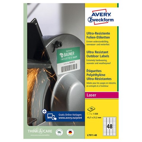 Avery Zweckform etykiety 45.7mm x 21.2mm, A4, białe, 48 etykiety, bardzo trwałe, pakowane po 40 szt., L7911-40, do drukarek lase