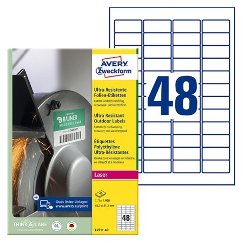 Avery Zweckform etykiety 45.7mm x 21.2mm, A4, białe, 48 etykiety, bardzo trwałe, pakowane po 40 szt., L7911-40, do drukarek lase Avery Zweckform etykiety 45.7mm x 21.2mm, A4, białe, 48 etykiety, bardzo trwałe, pakowane po 40 szt., L7911-40, do drukarek lase
