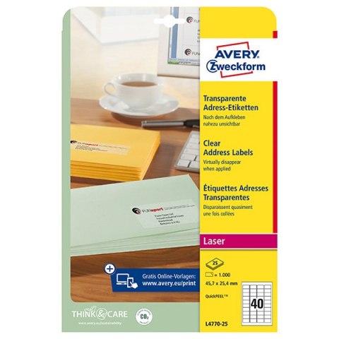 Avery Zweckform etykiety 45.7mm x 25.4mm, A4, białe, 40 etykiety, adresowa, pakowane po 25 szt., L4770-25, do drukarek laserowyc