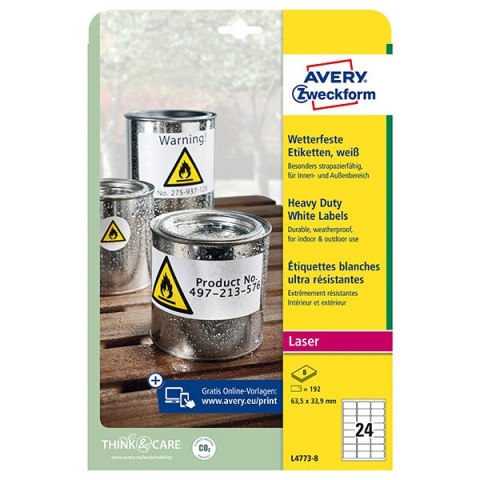 Avery Zweckform etykiety 63.5mm x 33.9mm, A4, białe, 24 etykiety, bardzo trwałe, pakowane po 8 szt., L4773-8, do drukarek lasero Avery Zweckform etykiety 63.5mm x 33.9mm, A4, białe, 24 etykiety, bardzo trwałe, pakowane po 8 szt., L4773-8, do drukarek lasero