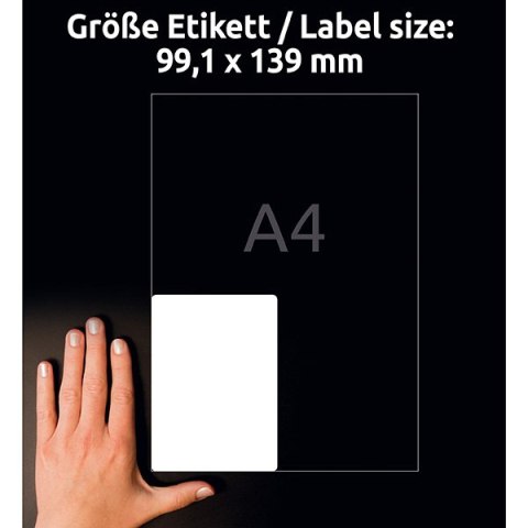 Avery Zweckform etykiety 99.1mm x 139mm, A4, matowe, białe, 4 etykiety, bardzo trwałe, pakowane po 8 szt., L4774-8, do drukarek Avery Zweckform etykiety 99.1mm x 139mm, A4, matowe, białe, 4 etykiety, bardzo trwałe, pakowane po 8 szt., L4774-8, do drukarek