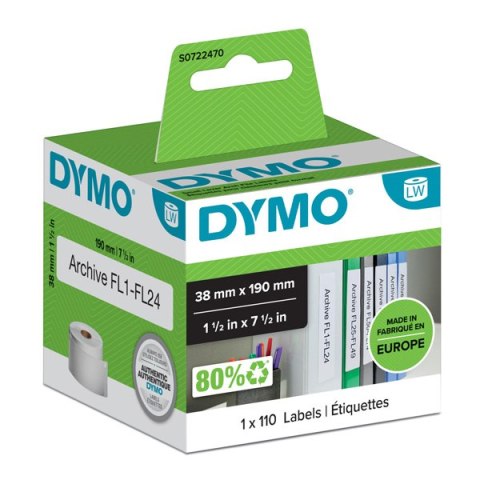 Dymo etykiety papierowe 190mm x 38mm, białe, na wąskie segregatory, 110 szt., 99018, S0722470