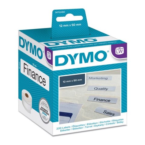 Dymo etykiety papierowe 50mm x 12mm, białe, na teczkę z zawieszką, 220 szt., 99017, S0722460 Dymo etykiety papierowe 50mm x 12mm, białe, na teczkę z zawieszką, 220 szt., 99017, S0722460