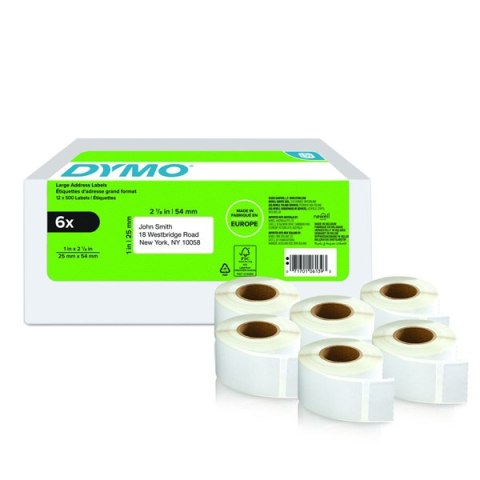 Dymo etykiety papierowe 54mm x 25mm, białe, na adres zwrotny, 6 x 500 szt., 2177564