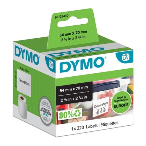 Dymo etykiety papierowe 70mm x 54mm, białe, wielofunkcyjne, 320 szt., 99015, S0722440