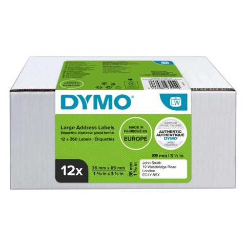 Dymo etykiety papierowe 89mm x 36mm, białe, duże, 12 x 260 szt., 2093093