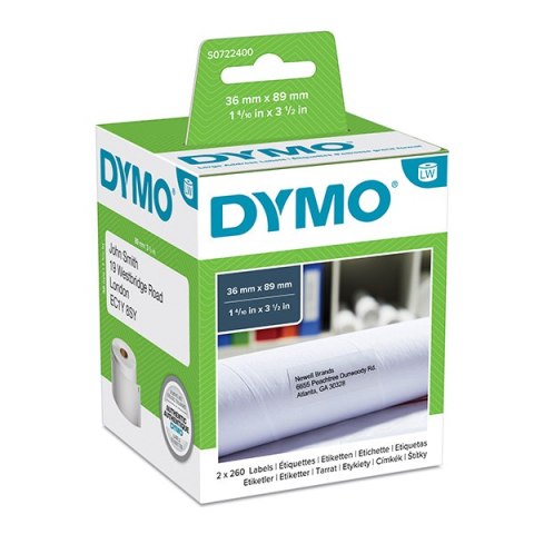 Dymo etykiety papierowe 89mm x 36mm, białe, duże, 2x260 szt., 99012, S0722400